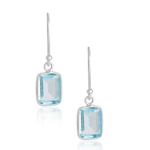 Pretty 2 Carat Emerald Cut & Faceted Blue Topaz Dangle Earrings - Picture 1 of 5
